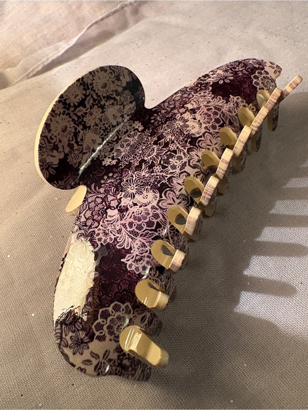Johnny Was Floral Lace Pattern Hair Claw Clip in Cream and Deep Purple - Picture 6 of 6